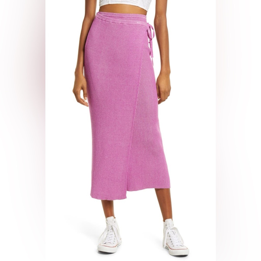 Free People Magenta Borderline Ribbed Knit Wrap Midi Skirt NWOT - Picture 1 of 8